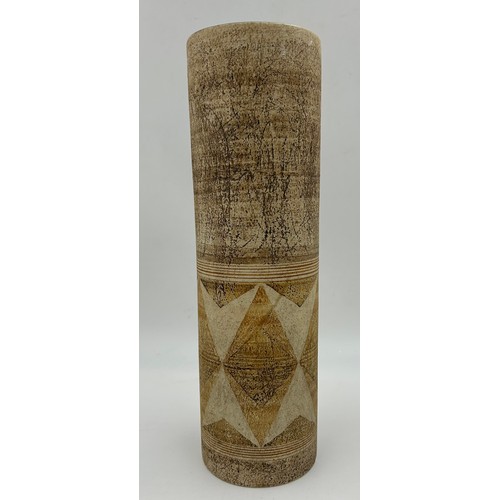 117 - Large cylindrical Troika vase decorated in brown hues and geometric shapes to lower half,  37cm h x ... 