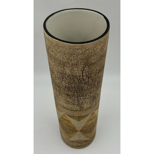 117 - Large cylindrical Troika vase decorated in brown hues and geometric shapes to lower half,  37cm h x ... 