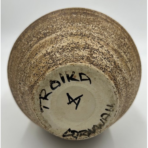 118 - A Troika pottery circular tapered vase with geometric decoration on brown ground marked 'Troika Corn... 