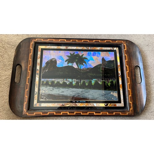 1332 - A vintage inlaid wooden tray with butterfly wing decoration from Rio de Janeiro 53cm x 34.5cm.