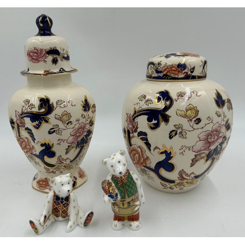 111 - A selection of ceramic's to include Two Masons jars, one a ginger jar and two Royal Crown Derby tedd... 