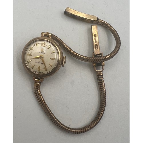 796 - A 9 gold cased ladies Cyma wristwatch with a 9 carat gold strap. Total weight 10.9gm.