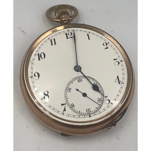 756 - A nine carat gold cased pocket watch with subsidiary seconds dial. 5cm d. Weight 90.3gm. 158439 insc... 