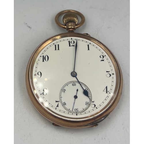 756 - A nine carat gold cased pocket watch with subsidiary seconds dial. 5cm d. Weight 90.3gm. 158439 insc... 