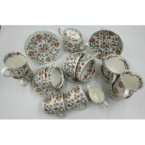 107 - Minton Haddon Hall part tea service to include teapot, 4 x breakfast cups and saucers, 6 x beakers, ... 