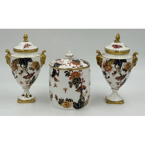 108 - Coalport 'Hong Kong' pattern comprising two lidded vases 18cm h, a lidded barrel 14cm h, 12 coffee c... 