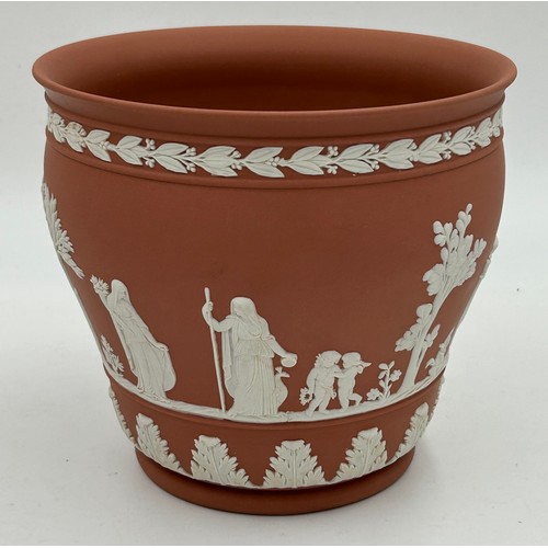 109 - A collection of Wedgwood Terracotta Jasper Ware pottery to include a coffee pot 18cm h, a teapot 11c... 