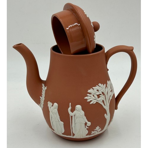 109 - A collection of Wedgwood Terracotta Jasper Ware pottery to include a coffee pot 18cm h, a teapot 11c... 