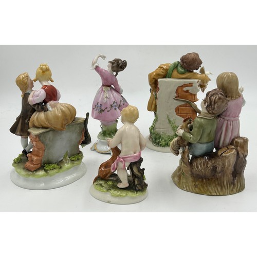 106 - Five Capodimonte figurines to include a courting couple, dancing flower girl, boys with birds.