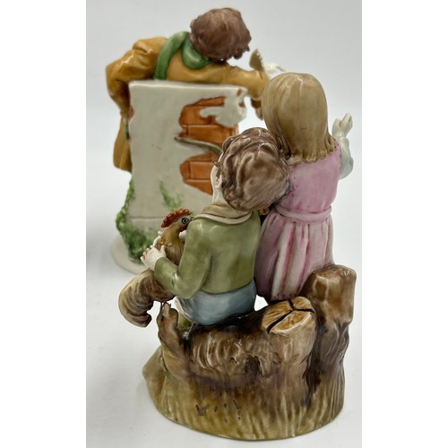 106 - Five Capodimonte figurines to include a courting couple, dancing flower girl, boys with birds.