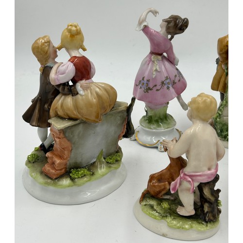 106 - Five Capodimonte figurines to include a courting couple, dancing flower girl, boys with birds.