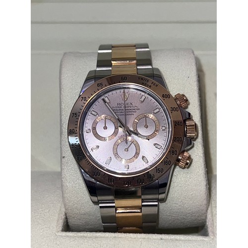 A gentleman's Rolex Oyster Perpetual Cosmograph Daytona stainless steel automatic wristwatch, circa 2008, model no. 116523. Serial no. V375897, round grey dial. With original documents, guarantee box, paperwork and purchase receipt. 

Appears to be in very good working order.