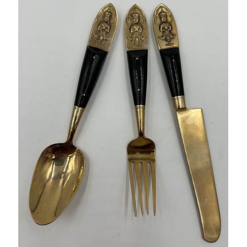 1336 - A 1963 Siamese cutlery canteen containing 144 pieces (12 place setting), gilt coloured bronze marked... 