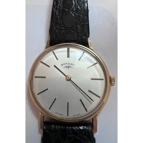 799 - A 9ct gold gentleman's Rotary wristwatch on black leather strap, engraved to back British Rail L.N.F... 