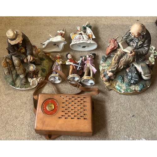 98 - Seven various Capodimonte figures together with a vintage leather cased Perdio transistor radio and ... 