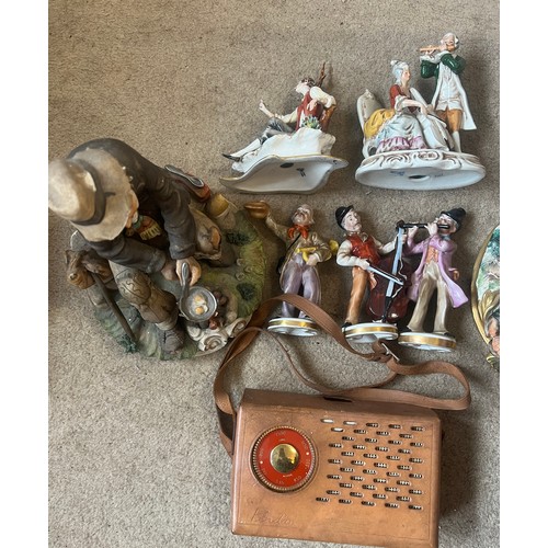 98 - Seven various Capodimonte figures together with a vintage leather cased Perdio transistor radio and ... 