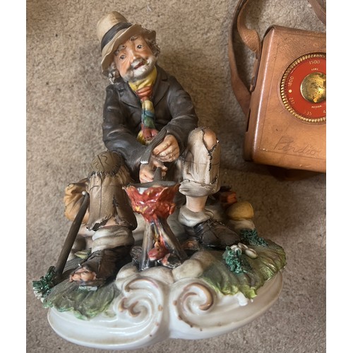 98 - Seven various Capodimonte figures together with a vintage leather cased Perdio transistor radio and ... 