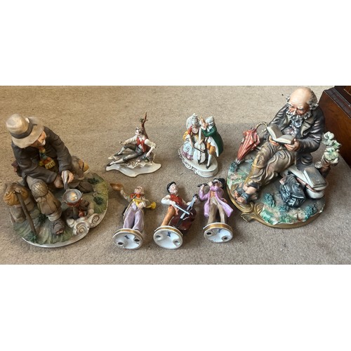 98 - Seven various Capodimonte figures together with a vintage leather cased Perdio transistor radio and ... 