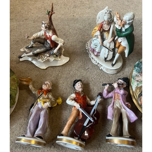 98 - Seven various Capodimonte figures together with a vintage leather cased Perdio transistor radio and ... 