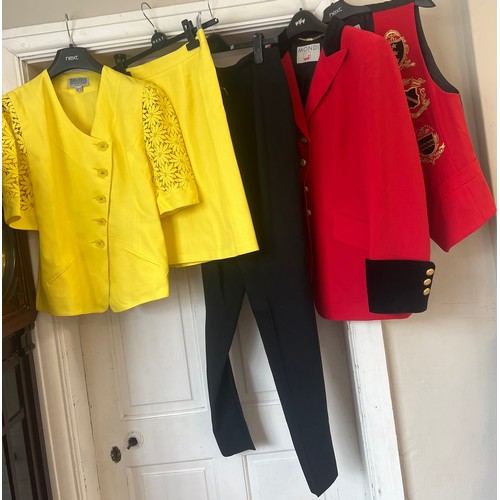 696 - Vintage 1980’s clothes to include a red and black Mondi jacket, waistcoat and trousers, size 36 and ... 