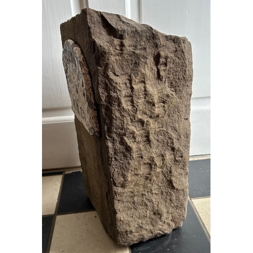 81 - A piece of stone with sign depicting ' Beverley 5 miles'.
39cm h x 21cm w x 16cm d.