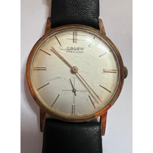 790 - A Gruen Precision wristwatch with subsidiary seconds dial on black leather strap.

Good working orde... 