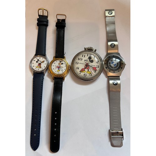 786 - Watches and pocket watch to include 2 x Disney Lorus Mickey mouse watches, a Mickey Mouse Bradley po... 