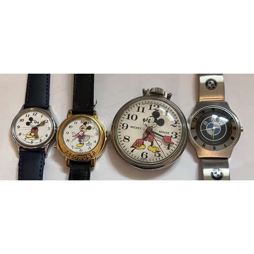 786 - Watches and pocket watch to include 2 x Disney Lorus Mickey mouse watches, a Mickey Mouse Bradley po... 