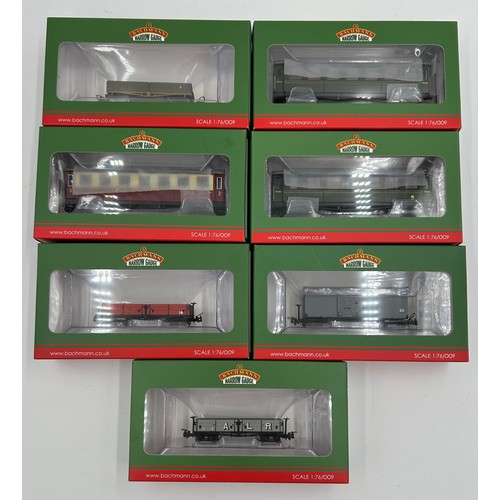 1214 - Seven Bachmann Narrow Gauge OO9 gauge wagons and coaches to include 393-051 d class open bogie wagon... 