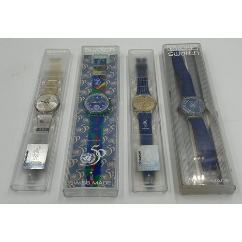 774 - Four Swatch Watches: 50th Anniversary of The United Nations,  1996 Atlanta Olympics Team GB, SLK100 ... 