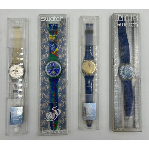 774 - Four Swatch Watches: 50th Anniversary of The United Nations,  1996 Atlanta Olympics Team GB, SLK100 ... 