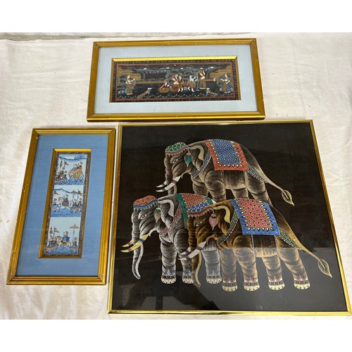 1384 - Three Eastern pictures, smallest in blue with figures and elephants image 25 x 9cm, and the other 15... 