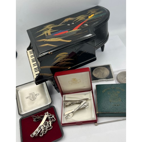 1350 - A miscellaneous lot to include grand piano black lacquer music box, crowns, silver identity bracelet... 