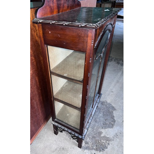 8 - A mahogany single door display cabinet with two internal shelves. 120cm h x 61cm w x 33cm d.