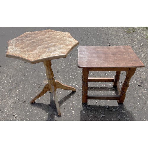 71 - Wilf Hutchinson & Son Squirrelman oak stool with adzed top together with an unmarked oak tripod tabl... 