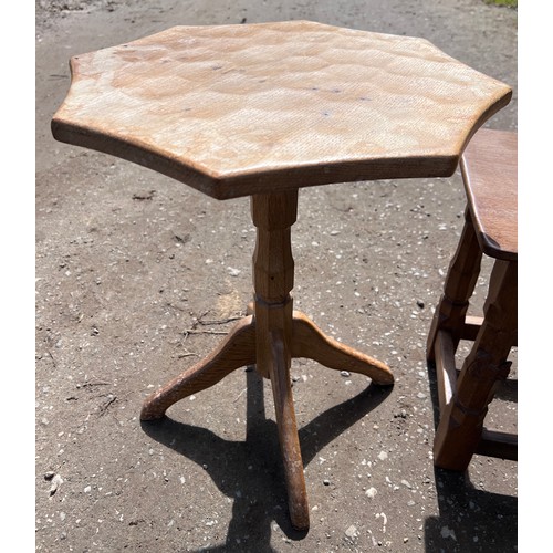 71 - Wilf Hutchinson & Son Squirrelman oak stool with adzed top together with an unmarked oak tripod tabl... 