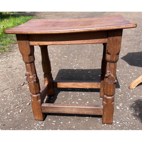 71 - Wilf Hutchinson & Son Squirrelman oak stool with adzed top together with an unmarked oak tripod tabl... 