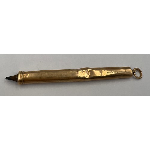 687 - A 9 carat gold Asprey retractable pencil on suspension ring. Length 7cm.  Total weight 4.3gm. Marked... 