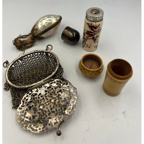 1355 - A miscellany to include ceramic and silver scent bottle Birmingham 1891? maker Cornelius Desormeaux ... 