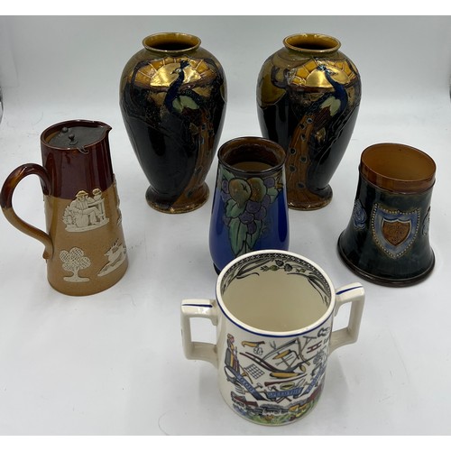 96 - Ceramics to include a pair of Phoenix Ware gilded peacock vases, Thomas Forrester & sons, Royal Doul... 