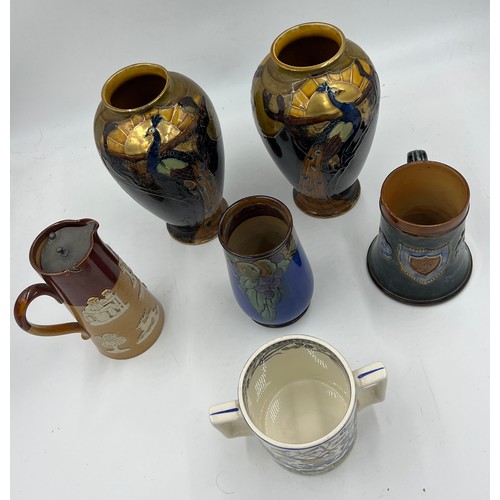 96 - Ceramics to include a pair of Phoenix Ware gilded peacock vases, Thomas Forrester & sons, Royal Doul... 