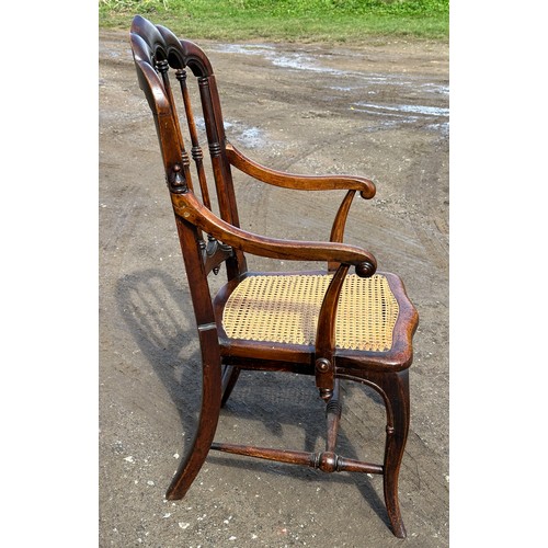 62 - A 19thC cane seated armchair with front cabriole legs and scroll arms. 108cm to back, 43cm to seat.