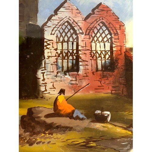 1412 - An oil on glass, rural scene with figure fishing beside a church and ruin. Image 36.5 x 51cm.