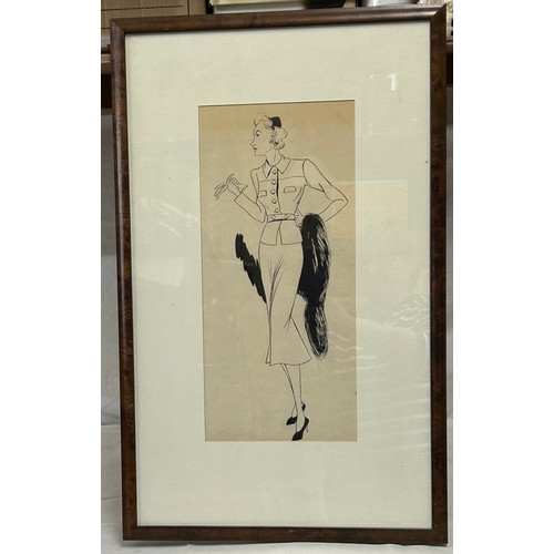 1409 - A vintage pen and ink drawing, a fashion study of a 1940's woman. Image size 44 x 20cm. Together wit... 