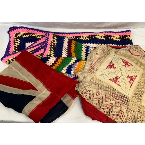 727 - Three vintage items to include a hand embroidered single bedspread with the initial REB 1898, a croc... 