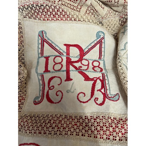 727 - Three vintage items to include a hand embroidered single bedspread with the initial REB 1898, a croc... 