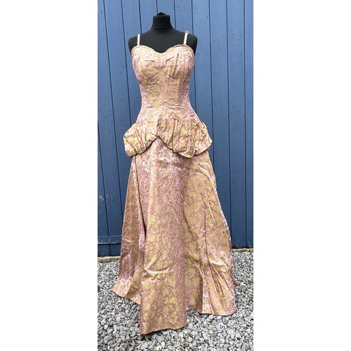 736 - A 1950's Chafil, London full length pink and green demask dress, sleeveless with boned bodice, lined... 