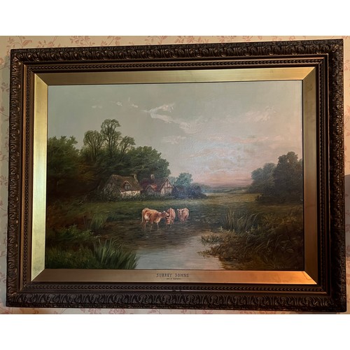 1413 - T Mathew, ‘Surrey Downs’. An oil on canvas painting in gilt frame. Signed lower right T.Mathew 1885.... 