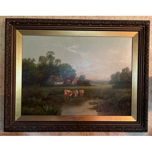 1413 - T Mathew, ‘Surrey Downs’. An oil on canvas painting in gilt frame. Signed lower right T.Mathew 1885.... 