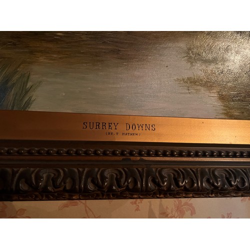 1413 - T Mathew, ‘Surrey Downs’. An oil on canvas painting in gilt frame. Signed lower right T.Mathew 1885.... 